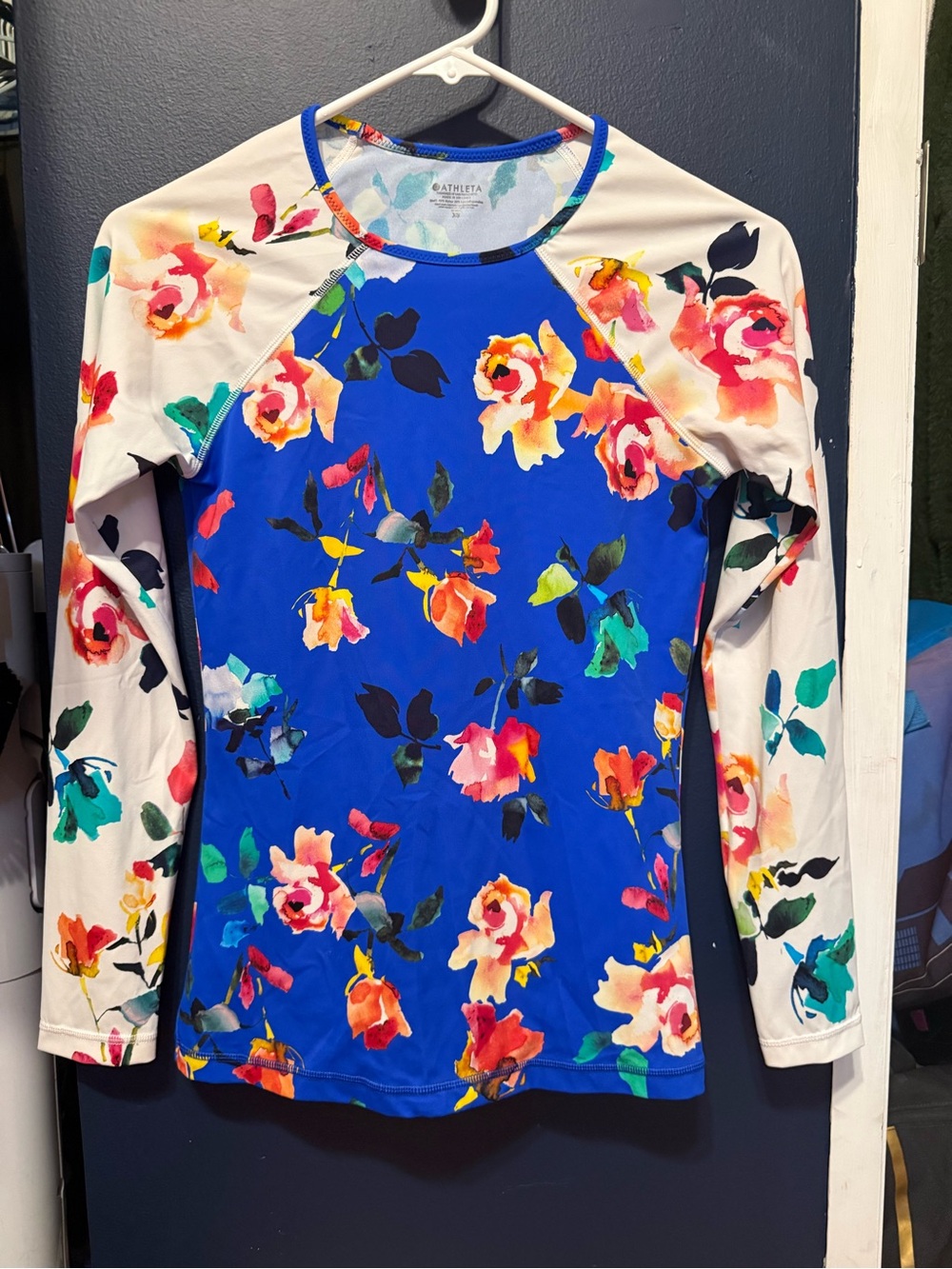Athleta Blue Floral Long-Sleeve Rash Guard with Cream Sleeves